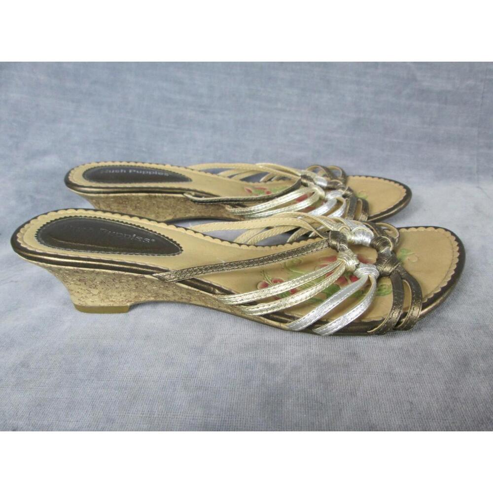 Hush Puppies Sandals Womens 6M Metallic Leather Slides Floral Insole Wedge Heels - Picture 2 of 8